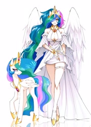 Size: 1553x2160 | Tagged: safe, artist:kozinak69, derpibooru import, princess celestia, alicorn, human, pony, absolute cleavage, breasts, cleavage, clothes, duo, female, horn, horned humanization, human ponidox, humanized, princess breastia, reflection, self paradox, self ponidox, simple background, white background, winged humanization, wings