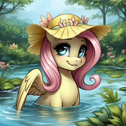 Size: 768x768 | Tagged: safe, ai content, derpibooru import, machine learning generated, fluttershy, pegasus, pony, cute, female, hat, looking at you, mare, outdoors, partially open wings, partially submerged, shyabetes, smiling, solo, sun hat, tree, water, wings