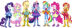 Size: 1280x496 | Tagged: safe, artist:aledurano, derpibooru import, edit, applejack, fluttershy, pinkie pie, rainbow dash, rarity, sci-twi, sunset shimmer, twilight sparkle, equestria girls, alternate universe, big crown thingy, boots, clothes, clothes swap, cowboy boots, cowboy hat, crystal guardian, element of magic, gloves, hat, high heel boots, humane five, humane seven, humane six, jewelry, regalia, shoes, simple background, tiara, transparent background, vector