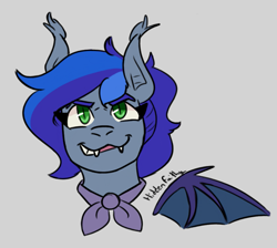 Size: 943x845 | Tagged: safe, artist:hiddenfaithy, derpibooru import, oc, oc only, oc:lunar aurora, bat pony, bust, commission, fangs, gray background, grin, headshot commission, portrait, simple background, smiling, solo, wings