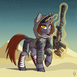 Size: 1500x1500 | Tagged: safe, artist:psychicdiesel, derpibooru import, oc, oc only, oc:wildcat cartridge, pony, unicorn, fallout equestria, battle rifle, body armor, clothes, desert, eye clipping through hair, eyebrows, eyebrows visible through hair, female, fn fal, glowing, glowing horn, gun, handgun, holster, hoodie, horn, magic, magic aura, mare, pistol, raised hoof, raised leg, request art, rifle, signature, sky, solo, stars, telekinesis, unicorn oc, weapon