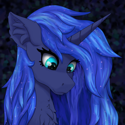 Size: 2048x2048 | Tagged: safe, artist:gantarts, derpibooru import, princess luna, alicorn, pony, abstract background, bust, chest fluff, closed mouth, constellation, constellation hair, ear fluff, ears, eyes open, female, high res, horn, looking down, mare, portrait, reaction image, solo, starry mane