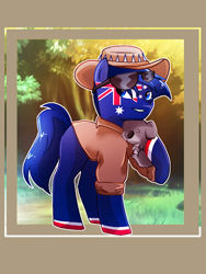 Size: 384x512 | Tagged: safe, artist:diniarvegafinahar, derpibooru import, earth pony, koala, pony, australia, brown background, clothes, grass, hat, male, nation ponies, ponified, shirt, simple background, solo focus, species swap, stallion, sunglasses, tree