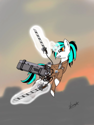 Size: 768x1024 | Tagged: safe, artist:wing, derpibooru import, oc, oc:evening lake, pony, unicorn, 3d maneuver gear, anime, attack on titan, blade, clothes, costume, digital art, fantasy class, female, flying, gift art, horn, magic, magic aura, old art, scout, solo, unicorn oc, weapon