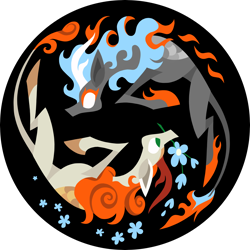 Size: 2938x2937 | Tagged: safe, alternate version, artist:dany-the-hell-fox, derpibooru import, kirin, nirik, sounds of silence, black background, duality, duo, flower, mane of fire, mouth hold, simple background, trace, vector, yin-yang