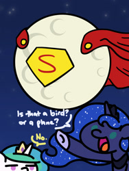 Size: 1350x1800 | Tagged: safe, artist:flutterluv, derpibooru import, princess celestia, princess luna, alicorn, pony, series:flutterluv's full moon, cape, celestia is not amused, clothes, dc comics, dialogue, duo, full moon, moon, night, no, pun, superman, supermoon, unamused