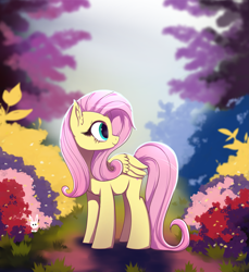 Size: 3613x3944 | Tagged: safe, artist:nnaly, derpibooru import, angel bunny, fluttershy, pegasus, pony, rabbit, g4, animal, duo, exclamation point, female, flower, folded wings, high res, looking back, mare, outdoors, profile, smiling, solo focus, wings