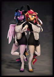 Size: 4000x5656 | Tagged: safe, artist:imafutureguitarhero, derpibooru import, sci-twi, sunset shimmer, twilight sparkle, twilight sparkle (alicorn), alicorn, anthro, classical unicorn, unguligrade anthro, unicorn, 3d, :p, absurd resolution, adorasexy, alicornified, apron, arm freckles, blushing, border, bunny ears, bunny tail, cheek fluff, chin fluff, chromatic aberration, clothes, cloven hooves, colored eyebrows, colored eyelashes, colored wings, cute, dialogue in the description, duo, ear fluff, ear freckles, ears, embarrassed, evening gloves, female, film grain, floppy ears, fluffy, fluffy hair, fluffy mane, fluffy tail, freckles, french maid, fur, gloves, hand on chest, holding hands, hoof fluff, horn, leg fluff, leg freckles, leonine tail, lesbian, long gloves, long hair, long mane, looking at someone, maid, mare, matching outfits, multicolored hair, multicolored mane, multicolored tail, neck fluff, nose wrinkle, one ear down, paintover, peppered bacon, race swap, raised leg, revamped anthros, revamped ponies, scitwilicorn, scitwishimmer, scrunchy face, see-through, sexy, shipping, signature, skindentation, smiling, smiling at someone, source filmmaker, standing, standing on one leg, stockings, sunsetsparkle, tail, tail fluff, thigh highs, tongue, tongue out, two toned wings, unshorn fetlocks, vertical, wall of tags, wavy mouth, wings