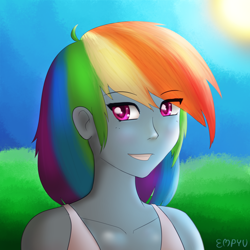 Size: 1200x1200 | Tagged: safe, artist:empyu, derpibooru import, rainbow dash, human, equestria girls, bust, grin, looking at you, portrait, smiling, solo