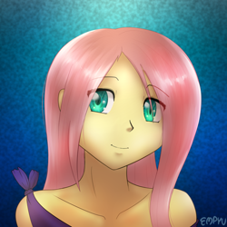 Size: 1200x1200 | Tagged: safe, artist:empyu, derpibooru import, fluttershy, human, equestria girls, bust, eye clipping through hair, looking at you, portrait, smiling, solo