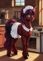 Size: 768x1088 | Tagged: safe, ai content, derpibooru import, generator:stable diffusion, machine learning generated, oc, oc only, oc:jackie pie, pony, unicorn, clothes, crossdressing, cute, femboy, fetish, fixed version, kitchen, maid, male, prompter:jackiepie, stallion