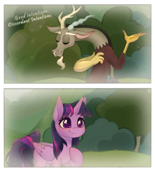 Size: 3040x3391 | Tagged: safe, alternate version, artist:daffolyn, derpibooru import, edit, part of a series, part of a set, discord, twilight sparkle, twilight sparkle (alicorn), alicorn, pony, comic:discordant intentions, comic:discordant intentions (version 2), the ending of the end, bell, blushing, bowing, comic, commissioner:zcord, duo, flashback, grass, high res, hoof on chest, offscreen character, outdoors, scene interpretation, shipping fuel, story included, text edit