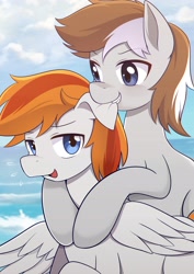 Size: 2896x4096 | Tagged: safe, artist:caibaoreturn, derpibooru import, oc, oc only, oc:felix gulfstream, oc:斑仔, earth pony, pegasus, biting, brothers, cloud, duo, duo male, ear bite, male, ocean, outdoors, siblings, water