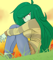 Size: 1585x1799 | Tagged: safe, artist:batipin, derpibooru import, wallflower blush, human, equestria girls, breasts, busty wallflower blush, clothes, female, freckles, grass, grass field, looking at you, outdoors, pants, shoes, sitting, sky, smiling, smiling at you, solo, sunset, sweater, sweater puppies