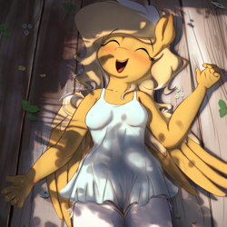 Size: 4000x4000 | Tagged: safe, artist:potato22, derpibooru import, oc, oc only, oc:mareota, anthro, pegasus, breasts, clothes, cute, dress, eyes closed, female, happy, lying down, on back, open mouth, open smile, outdoors, partially open wings, pegasus oc, reasonably sized breasts, small breasts, smiling, socks, solo, thigh highs, wings