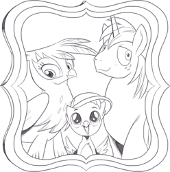 Size: 820x825 | Tagged: safe, artist:nauyaco, derpibooru import, big macintosh, gilda, oc, alicorn, griffon, hippogriff, pony, unicorn, alicornified, black and white, canon x oc, family, female, gildamac, grayscale, interspecies offspring, male, monochrome, offspring, parent:big macintosh, parent:gilda, parents:gildamac, princess big mac, race swap, shipping, stallion, straight, trio