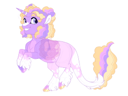 Size: 3600x2700 | Tagged: safe, artist:gigason, derpibooru import, oc, oc only, oc:meringue cookie, pony, unicorn, body markings, cloven hooves, colored hooves, female, gradient hooves, grin, hair bun, hoof polish, horn, leonine tail, magical lesbian spawn, mare, obtrusive watermark, offspring, parent:oc:sunshine lila, parent:sugar belle, parents:canon x oc, purple eyes, rearing, simple background, smiling, solo, striped horn, tail, tail fluff, transparent background, unshorn fetlocks, watermark