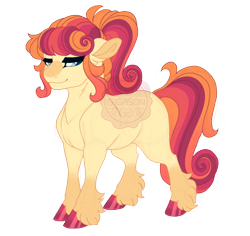 Size: 2864x2700 | Tagged: safe, artist:gigason, derpibooru import, oc, oc only, oc:tangerine, earth pony, pony, blue eyes, colored hooves, ear fluff, ears, earth pony oc, female, gradient legs, hoof polish, lidded eyes, magical lesbian spawn, mare, obtrusive watermark, offspring, parent:aunt orange, parent:jewel joy, ponytail, simple background, smiling, solo, transparent background, unshorn fetlocks, watermark