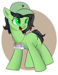 Size: 2291x2990 | Tagged: safe, artist:dumbwoofer, derpibooru import, oc, oc:anon filly, earth pony, pony, baseball cap, cap, ear fluff, ears, female, filly, foal, happy, hat, lanyard, mare fair, open mouth, open smile, simple background, smiling, solo, transparent background