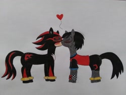 Size: 3264x2448 | Tagged: safe, artist:superfoxyhedgehog, derpibooru import, oc, oc:gia, earth pony, pony, clothes, eyes closed, glasses, heart, kissing, non-mlp oc, non-mlp shipping, ponified, rule 85, shadow the hedgehog, shipping, sonic the hedgehog (series), species swap