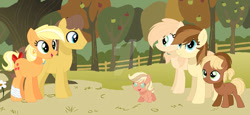 Size: 750x345 | Tagged: safe, artist:moonie-dreams, derpibooru import, applejack, caramel, oc, oc:apple candy, oc:apple pie, oc:john apple, oc:sweet apple, earth pony, pony, apple, apple tree, baby, baby pony, carajack, colt, deviantart watermark, female, fence, filly, foal, male, mare, obtrusive watermark, offspring, parent:applejack, parent:caramel, parents:carajack, shipping, stallion, straight, tree, watermark