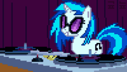 Size: 500x285 | Tagged: safe, artist:gonicfanfic, derpibooru import, dj pon-3, vinyl scratch, pony, unicorn, suited for success, animated, gif, grin, headbang, headbob, pixel art, smiling, solo, turntable