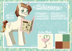 Size: 1529x1080 | Tagged: safe, artist:erein, derpibooru import, oc, oc only, oc:shinary, crystal pony, pony, unicorn, cute, cutie mark, ears, glasses, male, newspaper, reference, simple background, solo, stallion, text, wingding eyes