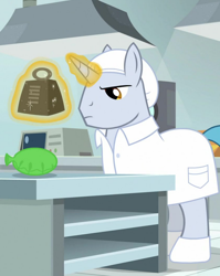 Size: 822x1033 | Tagged: safe, derpibooru import, screencap, pony, the last laugh, clothes, factory, gag factory, lab coat, magic, male, platinum cure, stallion, weight, whoopee cushion