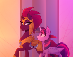 Size: 1022x800 | Tagged: safe, artist:thewandie, derpibooru import, fizzlepop berrytwist, tempest shadow, twilight sparkle, twilight sparkle (alicorn), alicorn, pony, unicorn, armor, broken horn, commission, cute, duo, eye clipping through hair, eye scar, eyebrows, eyebrows visible through hair, facial scar, female, grin, helmet, hoof shoes, horn, looking at each other, looking at someone, mare, raised hoof, raised leg, royal guard, royal guard armor, scar, size difference, smiling, tempest becomes a royal guard, tempestbetes, ych result