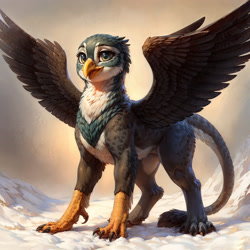 Size: 2176x2176 | Tagged: safe, ai content, derpibooru import, generator:easyfluff v11.2, machine learning generated, gabby, griffon, female, looking at you, paws, prompter:aiponyanon, smiling, smiling at you, snow, solo, spread wings, standing, tail, talons, wings