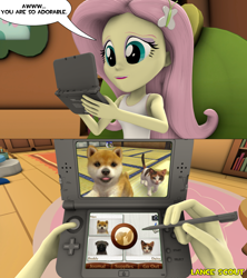 Size: 1920x2160 | Tagged: safe, artist:lance-pizon, derpibooru import, fluttershy, cat, dog, human, equestria girls, 3d, 3ds, clothes, cottage, cute, female, fluttershy's cottage, hair, hairpin, nintendo, nintendogs, nintendogs + cats, playing video games, source filmmaker, stylus, tanktop, teenager