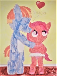 Size: 814x1093 | Tagged: safe, artist:mr-pink-rose, derpibooru import, scootaloo, windy whistles, pegasus, pony, adopted, adopted offspring, ballerina, bipedal, female, filly, foal, forehead kiss, heart, kissing, mare, mother and child, mother and daughter, parent and child, pouting, scootadoption, scootarina, story included, traditional art