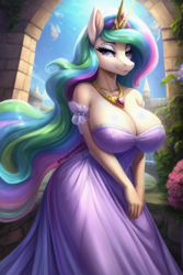 Size: 512x768 | Tagged: safe, ai content, derpibooru import, machine learning generated, princess celestia, alicorn, anthro, fish, g4, big breasts, breasts, bubble, canterlot, castle, clothes, crepuscular rays, crown, dress, eyeshadow, female, flower, flowing hair, flowing mane, flowing tail, gem, horn, huge breasts, jewelry, lidded eyes, looking at you, makeup, necklace, ocean, outdoors, princess breastia, prompter:fragglezed, regalia, scenery, signature, smiling, smiling at you, solo, sun, sunlight, swimming, tail, underwater, water