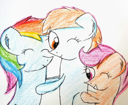 Size: 1024x844 | Tagged: safe, artist:sumi-mlp25, derpibooru import, rainbow dash, scootaloo, windy whistles, pegasus, pony, ^^, adopted, adopted offspring, cute, daaaaaaaaaaaw, eyes closed, female, filly, foal, group hug, heartwarming, hug, mare, mother and child, mother and daughter, mother's day, one eye closed, parent and child, scootadoption, siblings, sisters, smiling, traditional art, trio, wholesome, wink