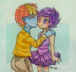 Size: 971x924 | Tagged: safe, artist:annazora, derpibooru import, scootaloo, windy whistles, human, equestria girls, adopted, adopted offspring, ballerina, blushing, clothes, cute, daaaaaaaaaaaw, female, hand on shoulder, kiss on the cheek, kissing, mother and child, mother and daughter, one eye closed, parent and child, scootadoption, scootalove, scootarina, smiling, wholesome