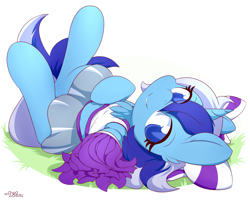 Size: 4500x3600 | Tagged: safe, artist:dshou, derpibooru import, minuette, pony, unicorn, absurd resolution, belly button, cheerleader, chest fluff, clothes, commission, cute, ear fluff, ears, female, grass, legs in air, looking at you, lying down, mare, midriff, minubetes, on back, pom pom, simple background, smiling, solo, white background