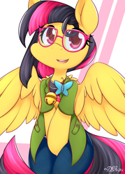 Size: 2000x2800 | Tagged: safe, artist:dshou, derpibooru import, oc, oc only, pegasus, pony, abstract background, adorkable, bell, cat bell, clothes, cute, dork, glasses, high res, open mouth, sitting, smiling, solo