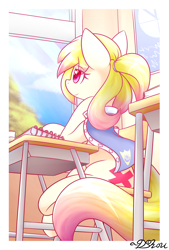 Size: 1400x2070 | Tagged: safe, artist:dshou, derpibooru import, oc, oc only, oc:love note, earth pony, pony, chair, classroom, clothes, desk, female, heart, heart eyes, journal, looking out the window, mare, passepartout, ponytail, scenery, school, smiling, solo, wingding eyes