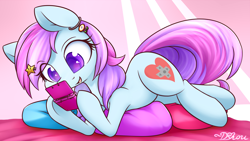 Size: 1920x1080 | Tagged: safe, artist:dshou, derpibooru import, oc, oc only, oc:joy stick, earth pony, pony, 3ds, abstract background, commission, cute, ear piercing, earring, jewelry, lying down, open mouth, piercing, pillow, prone, smiling, solo, underhoof, video game