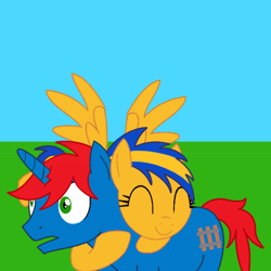 Size: 900x900 | Tagged: safe, artist:ry-bluepony1, derpibooru import, oc, oc only, oc:flare spark, oc:train track, pegasus, pony, unicorn, eyes closed, hug