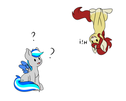 Size: 4692x3778 | Tagged: safe, artist:noxi1_48, derpibooru import, oc, oc:hawker hurricane, oc:treble pen, pony, colored wings, daily dose of friends, duo, hi, question mark, simple background, transparent background, two toned wings, upside down, wings