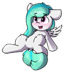 Size: 563x622 | Tagged: safe, artist:solarhors, derpibooru exclusive, derpibooru import, oc, oc only, pegasus, pony, blushing, chest fluff, dock, eye clipping through hair, eyebrows, eyebrows visible through hair, featureless crotch, female, filly, fluffy, foal, simple background, solo, tail, transparent background, wings