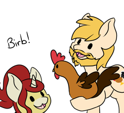 Size: 1718x1566 | Tagged: safe, artist:noxi1_48, derpibooru import, oc, oc:chase, oc:treble pen, bird, chicken, earth pony, pony, unicorn, beard, birb, daily dose of friends, dog lip, duo, facial hair, female, male, mare, simple background, stallion, transparent background