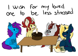 Size: 4529x3278 | Tagged: safe, artist:noxi1_48, derpibooru import, oc, oc:alpha omega, oc:treble pen, pony, cake, candle, daily dose of friends, food, simple background, transparent background