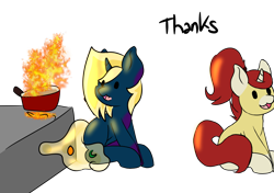 Size: 3693x2605 | Tagged: safe, artist:noxi1_48, derpibooru import, oc, oc:alpha omega, oc:treble pen, pony, daily dose of friends, duo, fire, pot, simple background, stove, this will not end well, transparent background