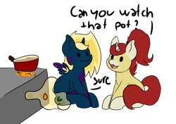 Size: 3693x2605 | Tagged: safe, artist:noxi1_48, derpibooru import, oc, oc:alpha omega, oc:treble pen, pony, daily dose of friends, duo, pot, simple background, stove, transparent background