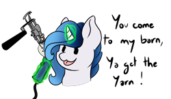 Size: 2454x1420 | Tagged: safe, artist:noxi1_48, derpibooru import, oc, oc only, pony, bust, daily dose of friends, gun, magic, sewing machine, simple background, solo, telekinesis, transparent background, wat, weapon