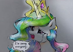 Size: 2477x1771 | Tagged: safe, artist:liaaqila, derpibooru import, princess celestia, alicorn, pony, crown, crying, diadem, female, frown, glowing, glowing horn, gradient background, high res, horn, jewelry, magic, magic aura, mare, open mouth, regalia, solo, speech bubble, text, traditional art