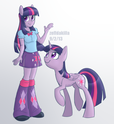 Size: 2300x2500 | Tagged: safe, artist:zeffdakilla, derpibooru import, twilight sparkle, twilight sparkle (alicorn), alicorn, human, pony, equestria girls, clothes, concave belly, duo, female, folded wings, gradient background, high res, looking up, raised arm, raised hoof, raised leg, self paradox, self ponidox, simple background, slim, smiling, standing, thin, white background, wings
