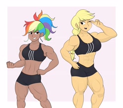 Size: 4096x3582 | Tagged: safe, artist:cyanrobo, derpibooru import, applejack, rainbow dash, human, abs, applebucking thighs, applejacked, applerack, breasts, clothes, duo, duo female, female, gym shorts, humanized, meme, midriff, muscles, muscular female, one eye closed, ponified, ponified meme, rainboob dash, rainbuff dash, sports bra, sweat, thighs, thunder thighs, wink